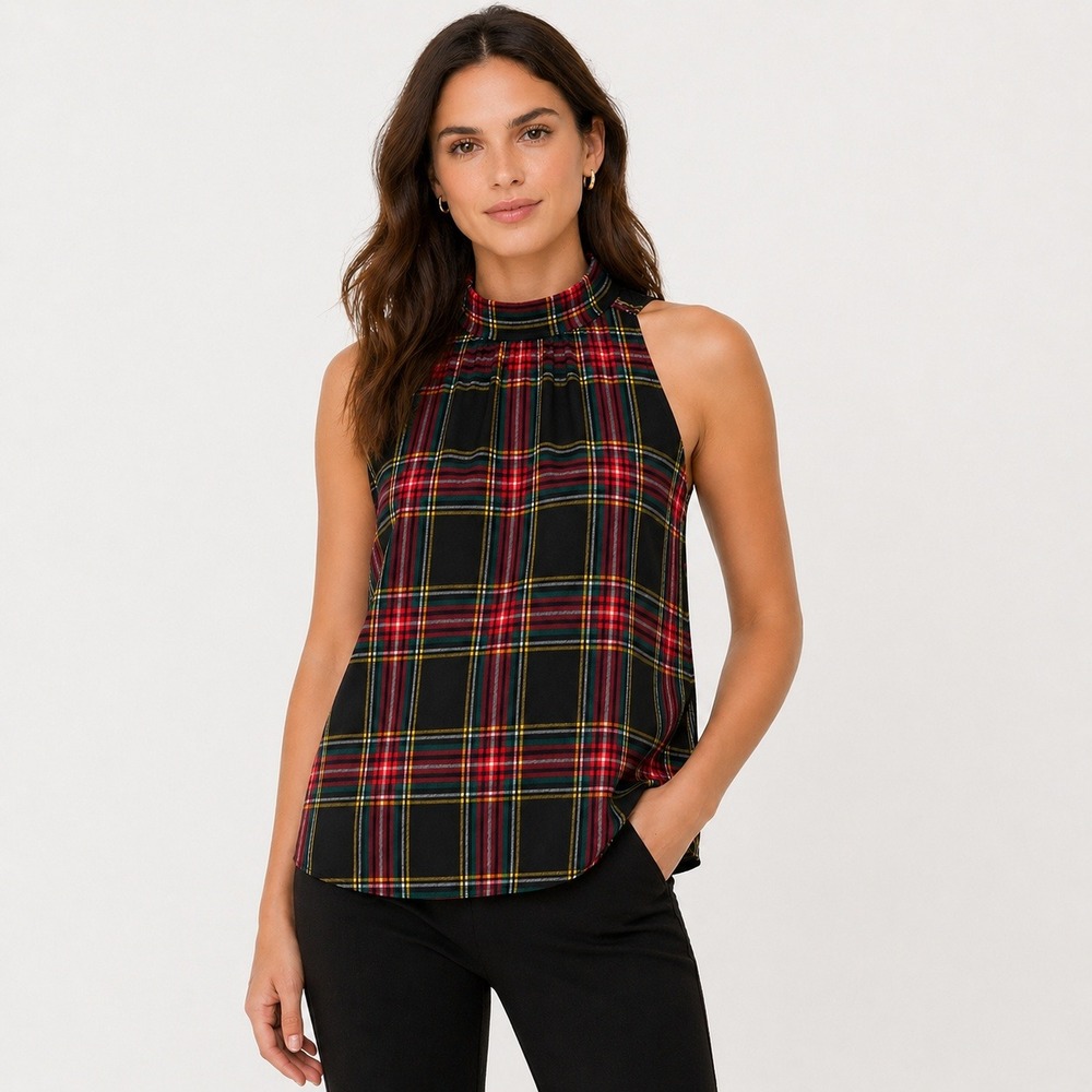 J.Crew Tartan Plaid Tie Neck Blouse Size 6 Sleeveless Preppy Office Top